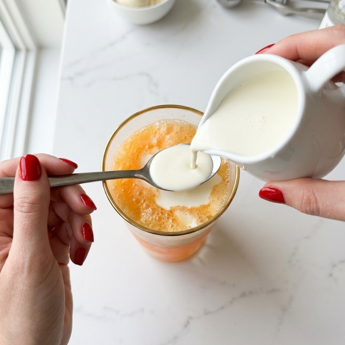 Close-up view of a young woman's hands with classic red nails pouring heavy cream over the back of a spoon to create a distinct, rich white layer on top of a bubbling orange float.