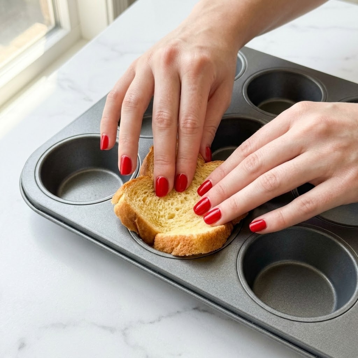Close-up view of a young woman's hands with classic red nails firmly pressing a flattened slice of thick brioche bread into a buttered muffin cup to form a cup shape.