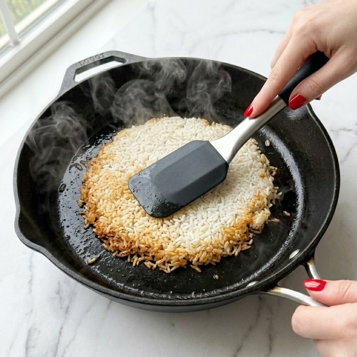 Close-up view of a young woman's hand with classic red nails using a spatula to press cold, day-old white rice firmly into a hot cast iron skillet, creating a golden, crispy layer on the bottom.