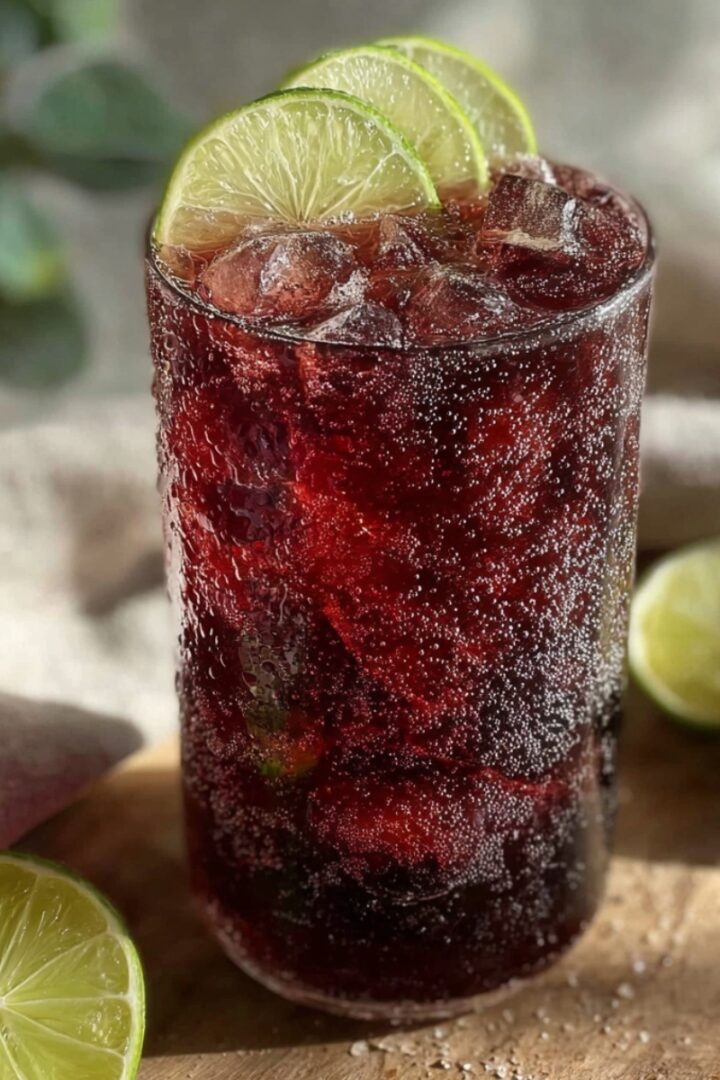 A tall glass of deep ruby hibiscus ginger iced tea over ice, garnished with lime slices on the rim, surrounded by halved limes on a wooden surface with a linen cloth and greenery in the background.