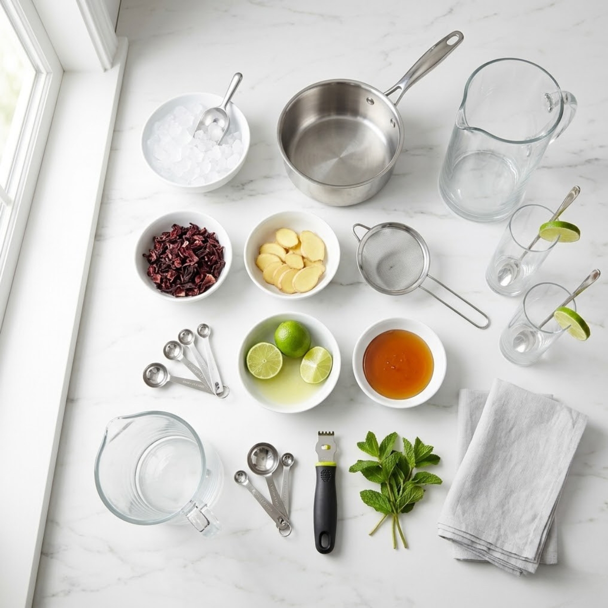 Organized overhead flat lay of raw ingredients for Hibiscus Ginger Iced Tea, including dried hibiscus petals, sliced ginger, fresh limes, and agave nectar, arranged on a white marble counter in natural light. No hands are visible.