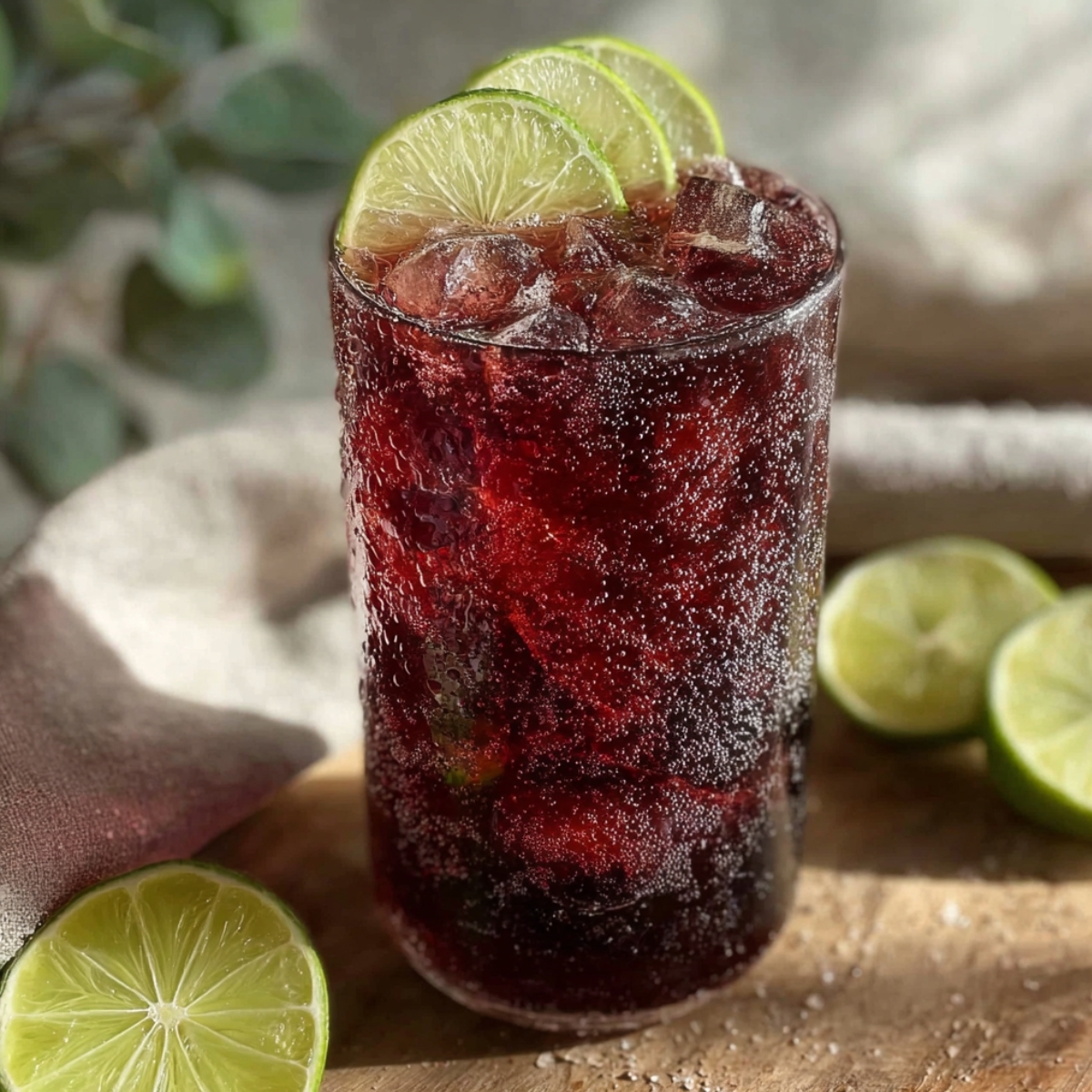 A tall glass of deep ruby hibiscus ginger iced tea over ice, garnished with lime slices on the rim, surrounded by halved limes on a wooden surface with a linen cloth and greenery in the background.