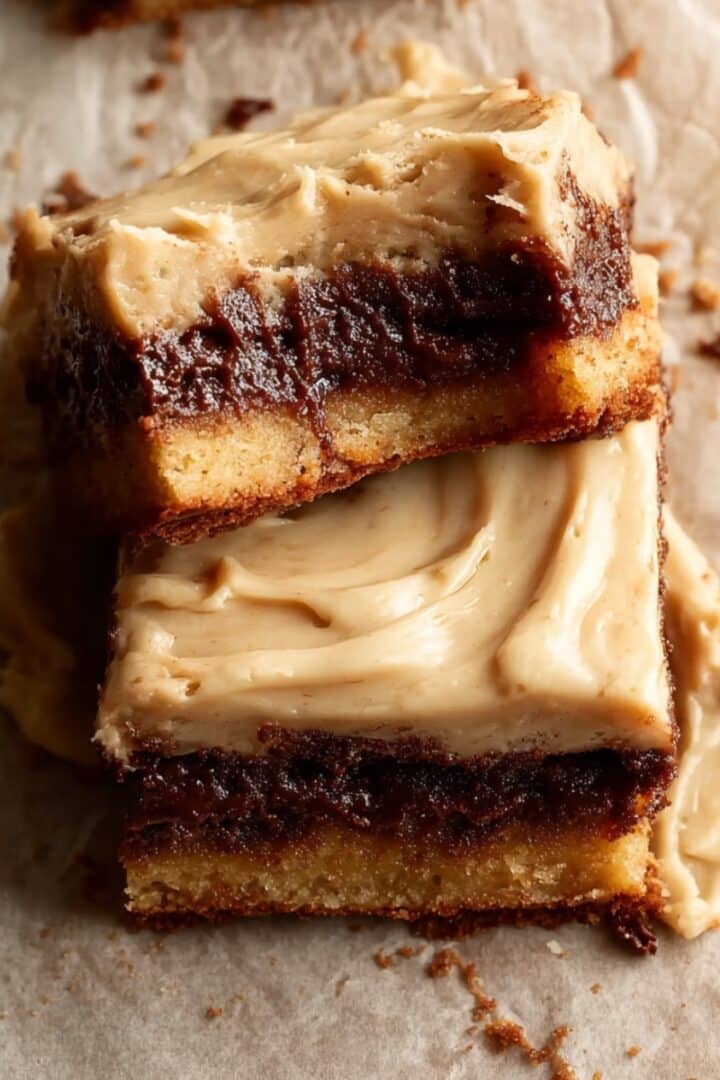 Two stacked salted caramel brown sugar pop tart cookie bars with a golden cookie base, dark brown sugar filling, and swirled caramel frosting on top, served on parchment paper on a wooden surface.