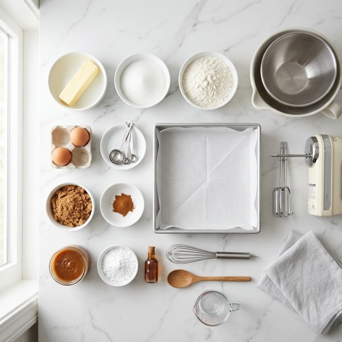 Organized overhead flat lay of raw ingredients for Salted Caramel Brown Sugar Pop Tart Cookie Bars, including butter, sugars, cinnamon, caramel sauce, and powdered sugar, arranged on a white marble counter in natural light. No hands are visible.