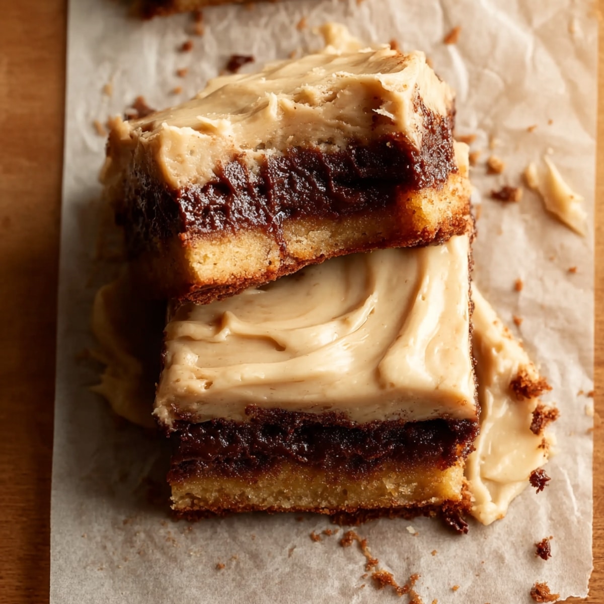 Two stacked salted caramel brown sugar pop tart cookie bars with a golden cookie base, dark brown sugar filling, and swirled caramel frosting on top, served on parchment paper on a wooden surface.