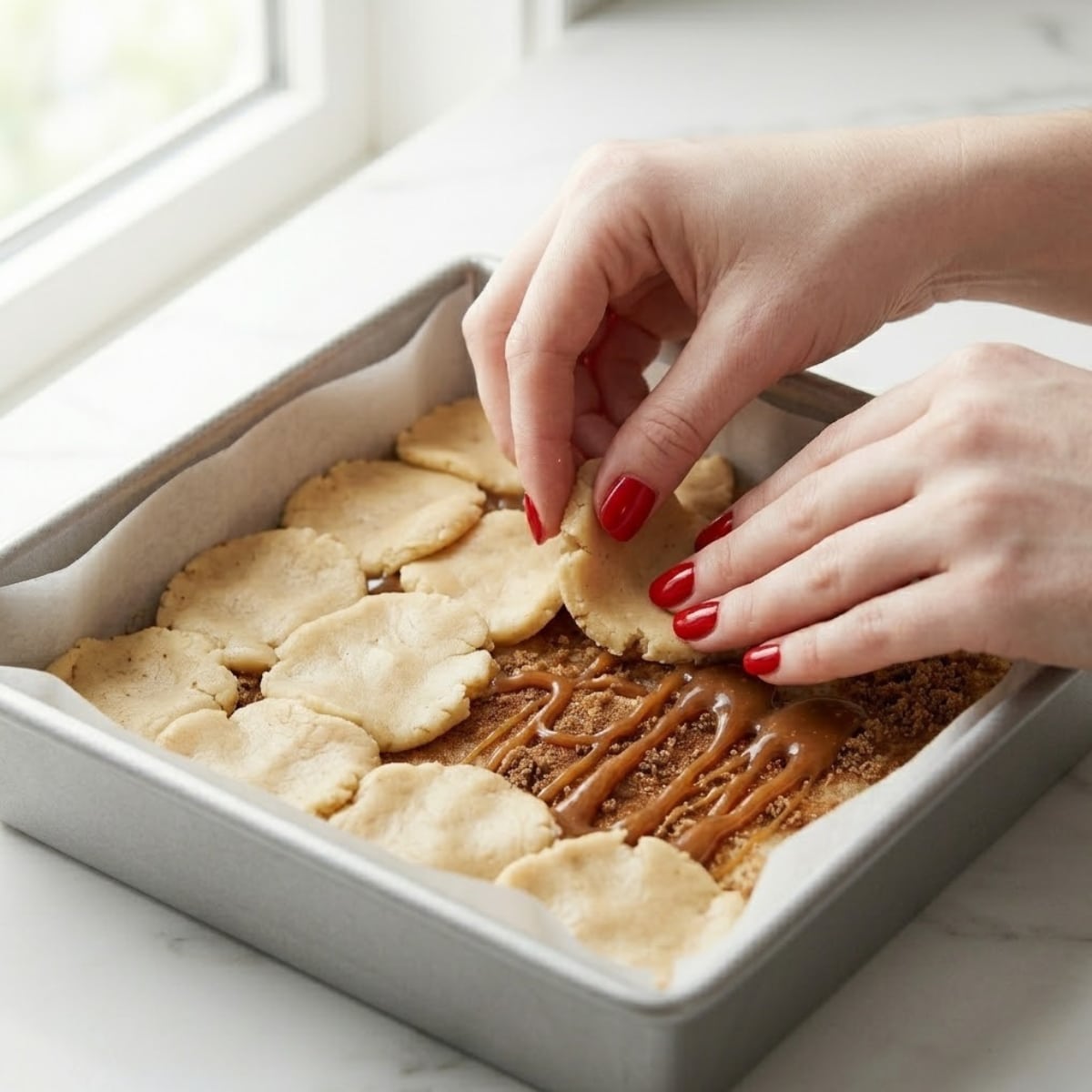 Close-up view of a young woman's hands with classic red nails flattening and piecing together soft cookie dough to completely seal a caramel and brown sugar filling inside a baking pan.