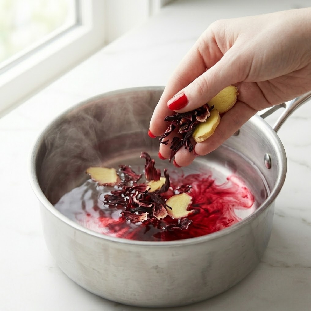 Close-up view of a young woman's hand with classic red nails dropping dried hibiscus petals and fresh ginger slices into hot water inside a saucepan on a white marble counter, creating a deep red tea.