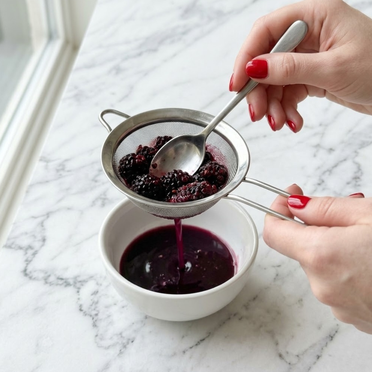Close-up view of a young woman's hands with classic red nails using a spoon to press cooked blackberries through a fine mesh sieve, extracting a deep purple syrup into a bowl on a white marble counter.