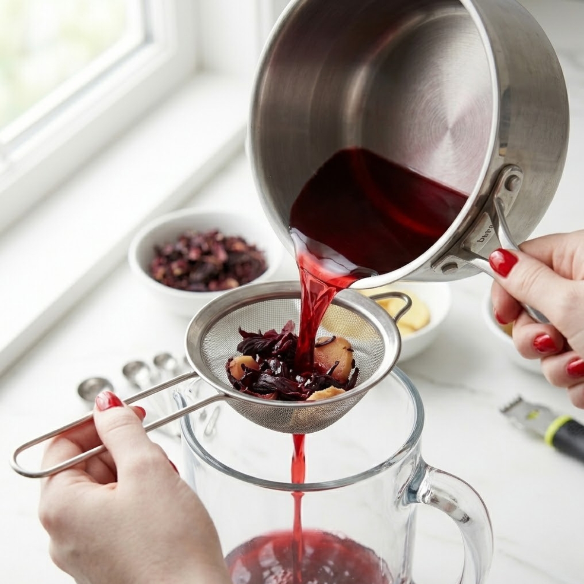 Close-up view of a young woman's hands with classic red nails pouring warm, deep red hibiscus ginger tea through a fine-mesh strainer into a large glass pitcher on a white marble counter.