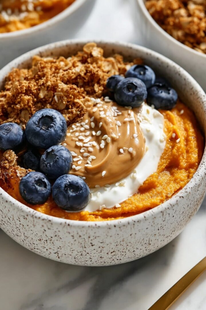 A speckled ceramic bowl of smooth sweet potato puree topped with yogurt, a swirl of peanut butter, granola, fresh blueberries, and sesame seeds, with a gold spoon alongside on a marble surface.