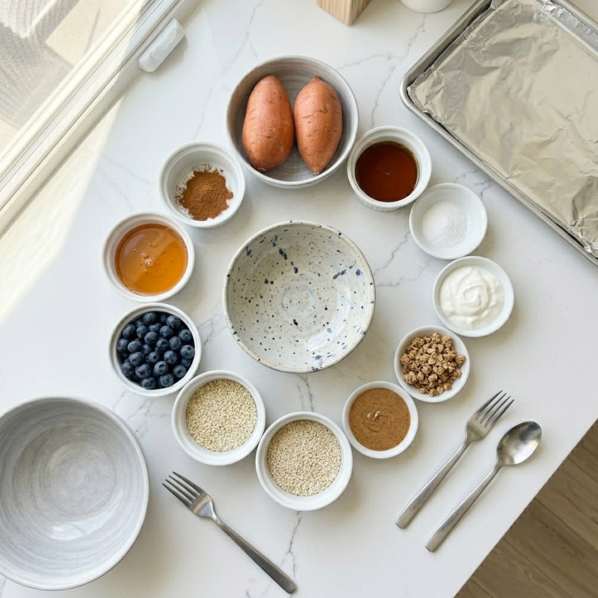 Organized overhead flat lay of raw ingredients for a Sweet Potato Breakfast Bowl, including raw sweet potatoes, yogurt, granola, blueberries, and almond butter, arranged on a white marble counter in natural light. No hands are visible.