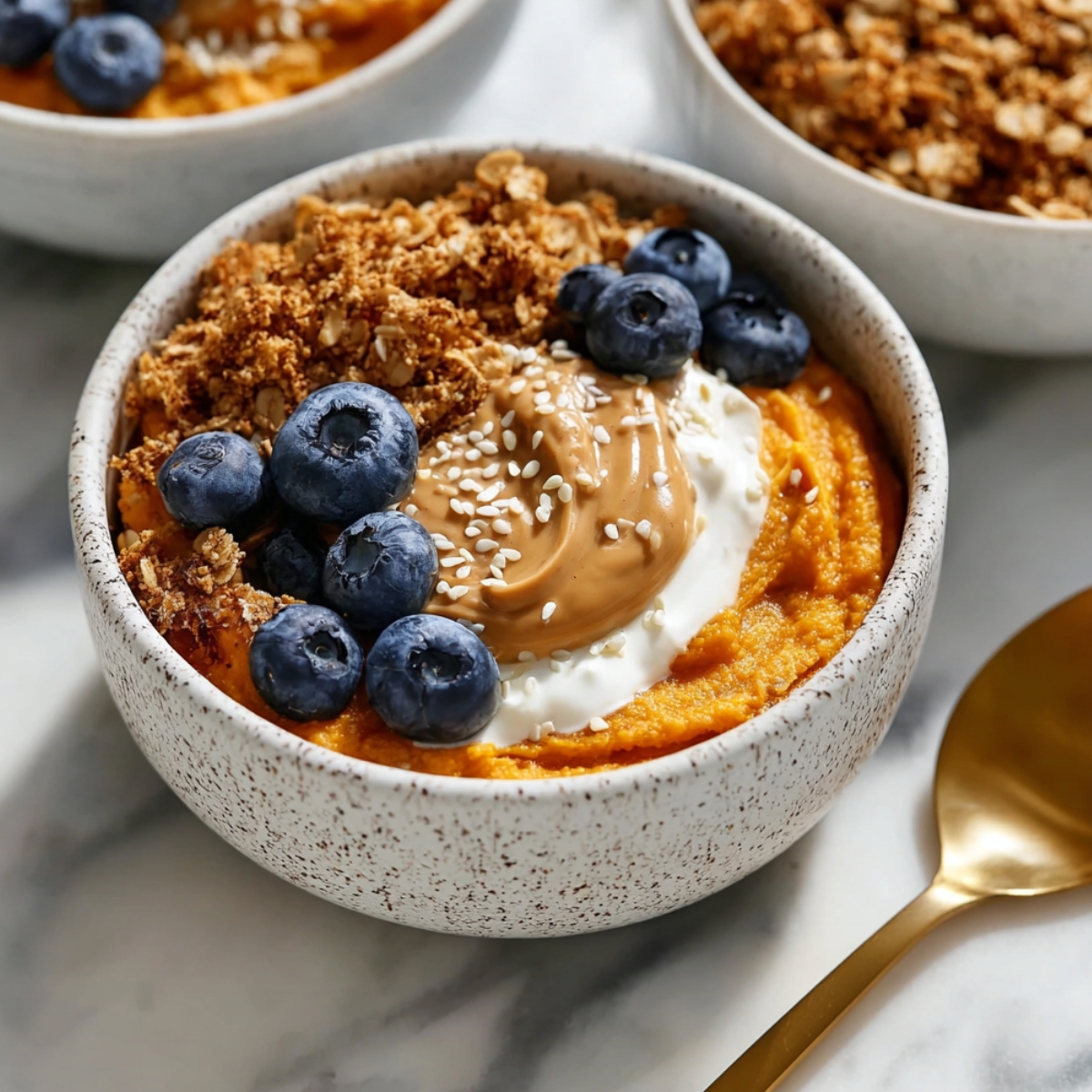 A speckled ceramic bowl of smooth sweet potato puree topped with yogurt, a swirl of peanut butter, granola, fresh blueberries, and sesame seeds, with a gold spoon alongside on a marble surface.