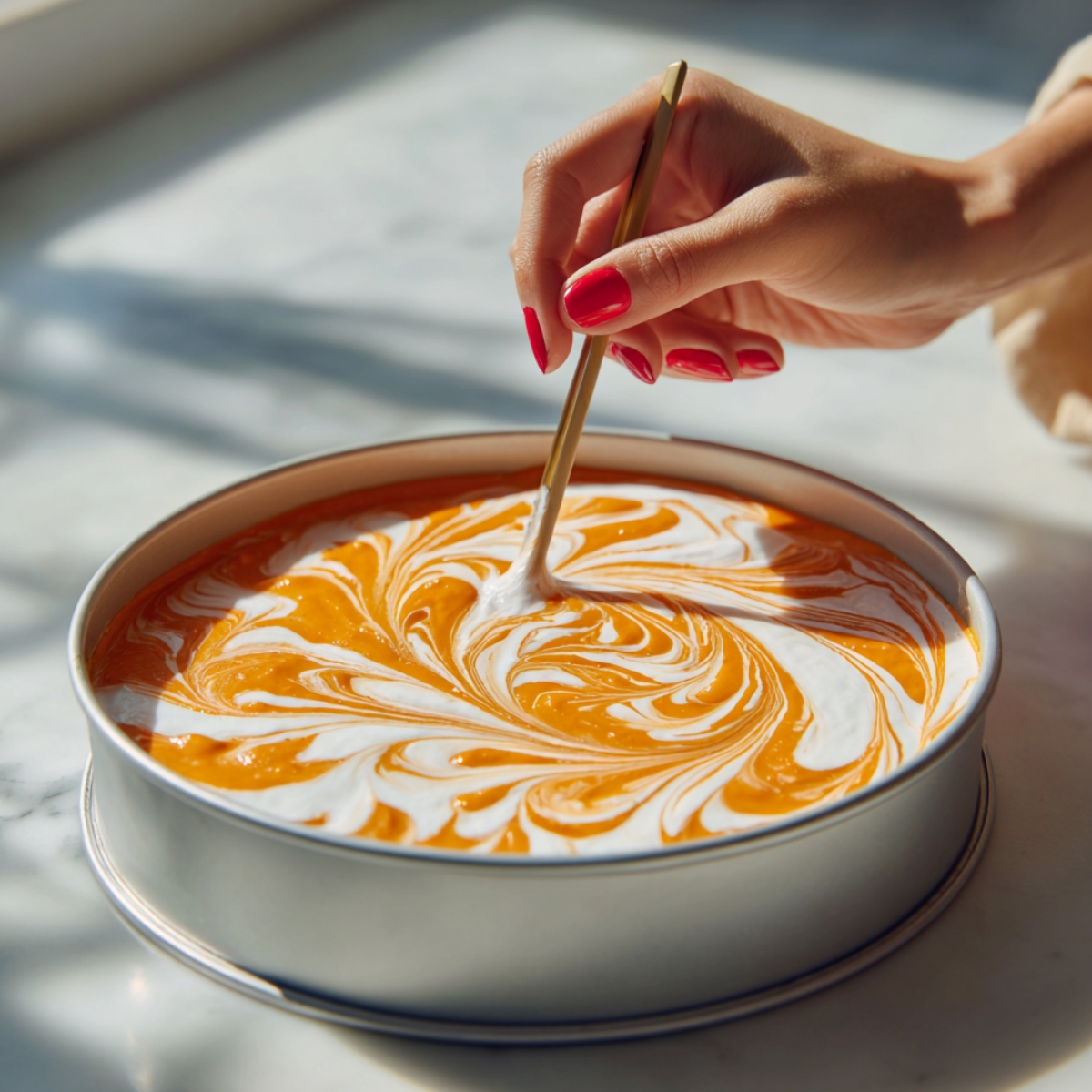 Close-up view of a young woman's hand with classic red nails using a thin skewer to drag and swirl vivid orange curd through a smooth white cream cheese filling inside a springform pan, creating a marbled pattern.
