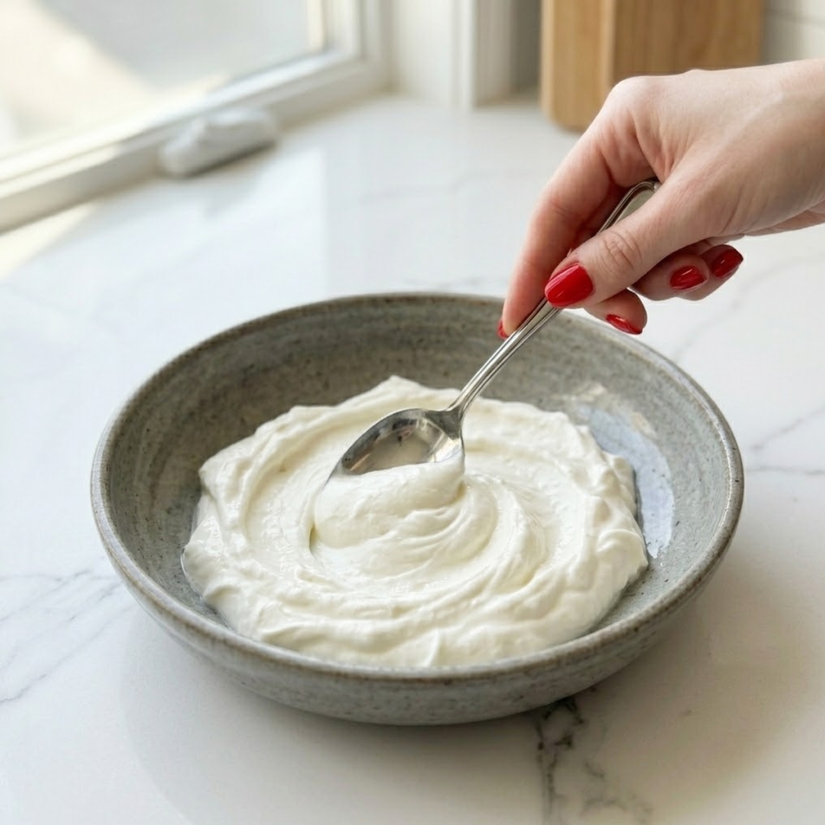 Close-up view of a young woman's hand with classic red nails using a spoon to spread and swoosh thick, creamy garlic yogurt into a wide rustic bowl, creating a well in the center.
