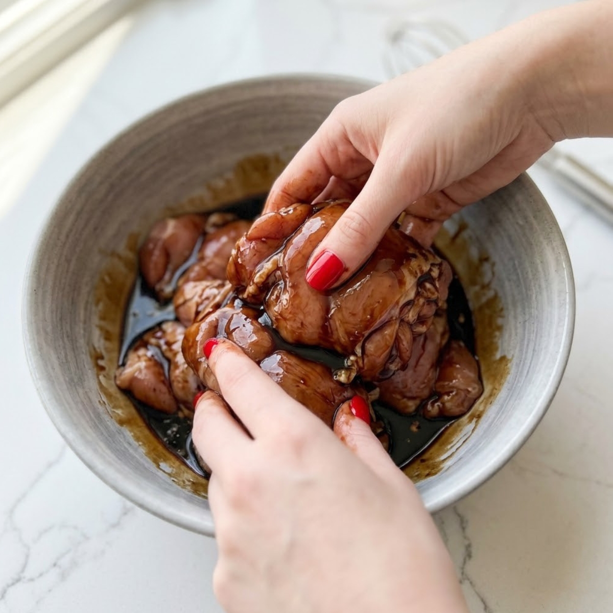 Close-up view of a young woman's hands with classic red nails actively tossing raw chicken thighs in a dark, glossy balsamic marinade inside a large mixing bowl on a white marble counter.