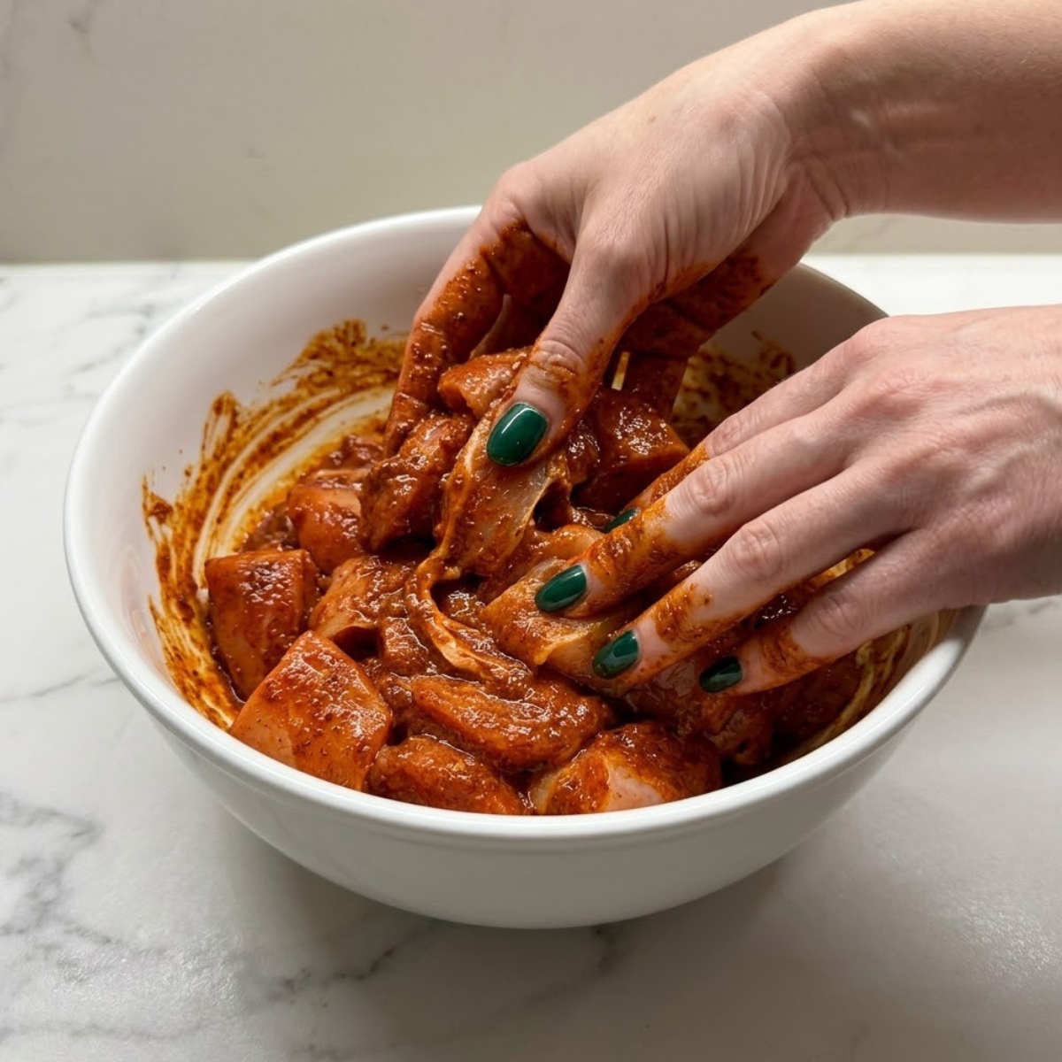 Close up view of a woman's hands with dark emerald green nails tossing chicken chunks in a deep red spice marinade inside a mixing bowl.
