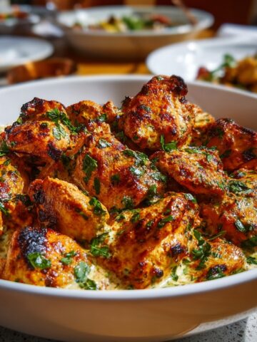 A white bowl of Turkish chicken with charred spiced chicken pieces nestled in a creamy herb-flecked white sauce, garnished with fresh chopped parsley, with additional dishes blurred in the background.