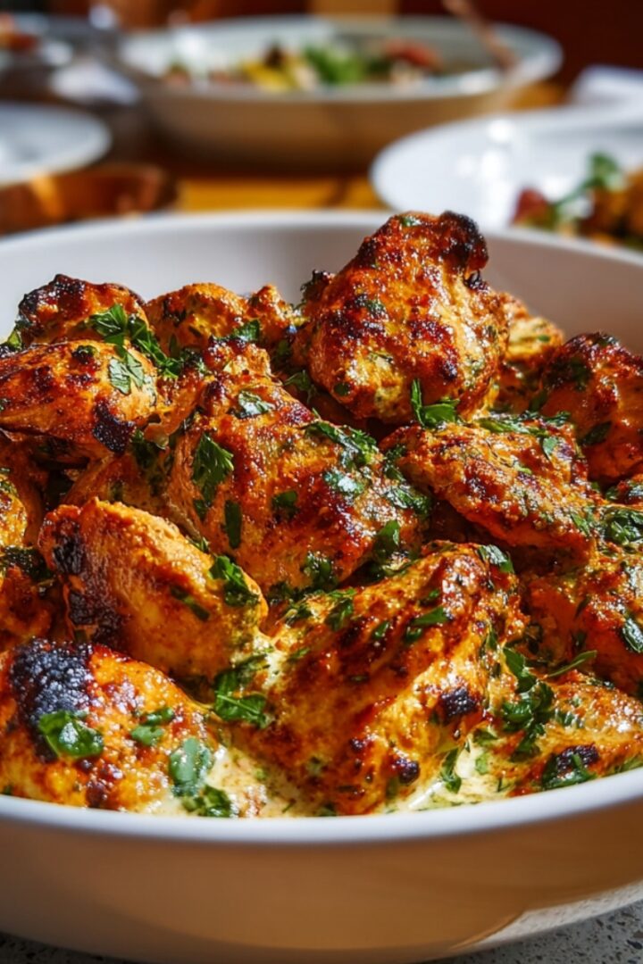 A white bowl of Turkish chicken with charred spiced chicken pieces nestled in a creamy herb-flecked white sauce, garnished with fresh chopped parsley, with additional dishes blurred in the background.