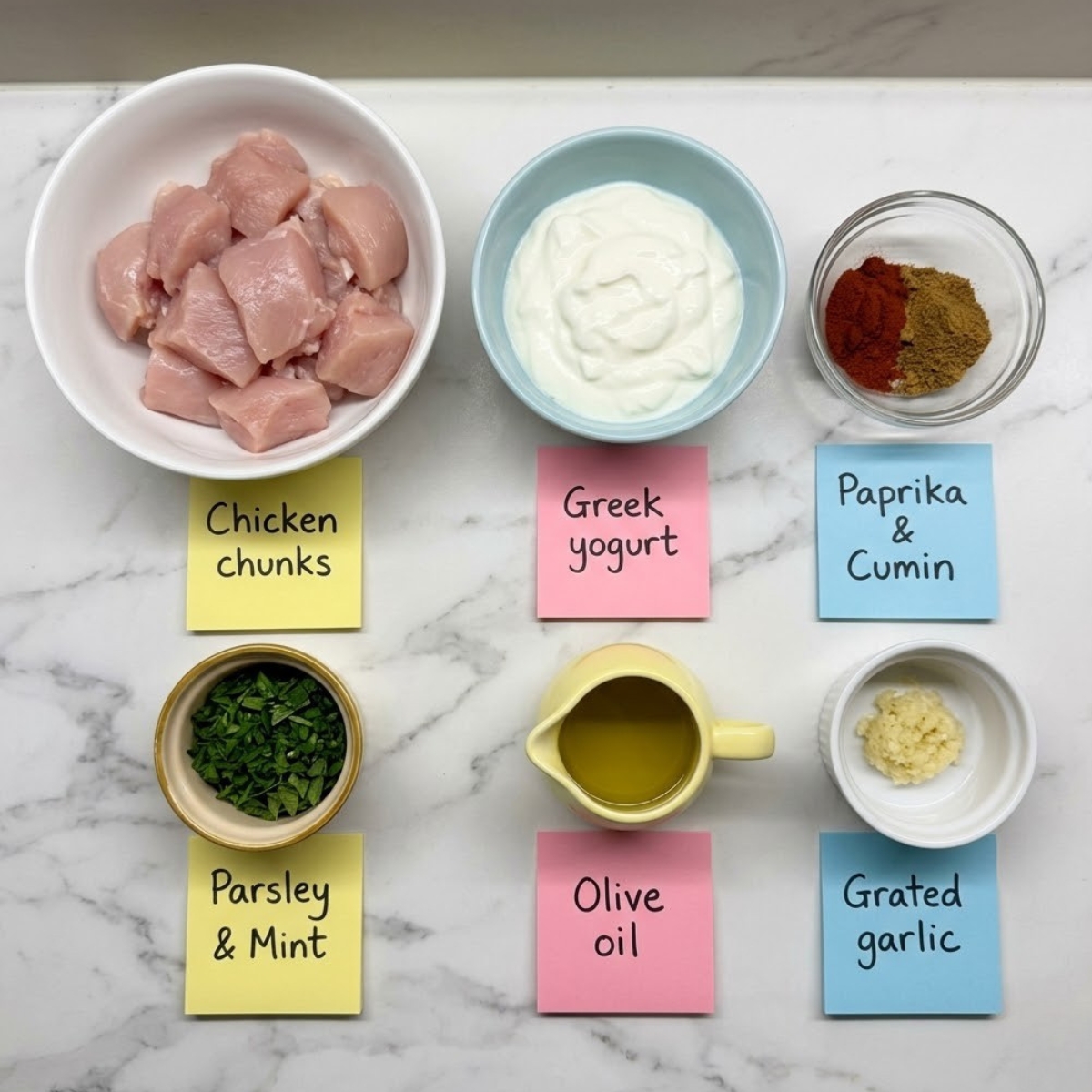 Overhead flat lay view of Turkish chicken and white sauce ingredients organized in colorful bowls with handwritten sticky notes on a marble kitchen counter.