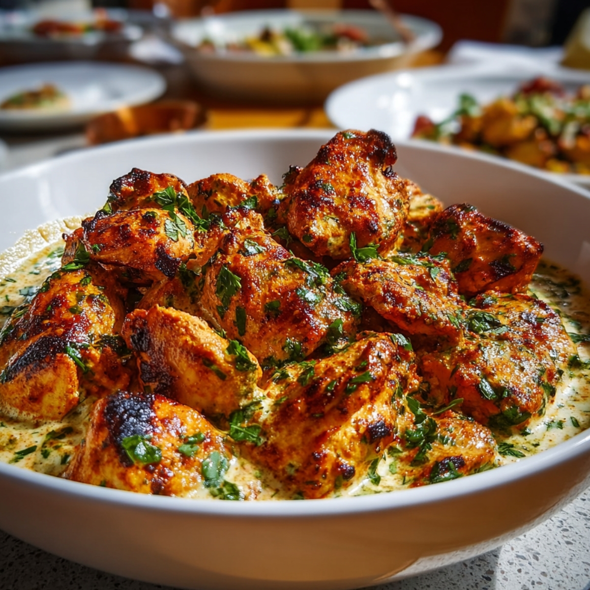 A white bowl of Turkish chicken with charred spiced chicken pieces nestled in a creamy herb-flecked white sauce, garnished with fresh chopped parsley, with additional dishes blurred in the background.