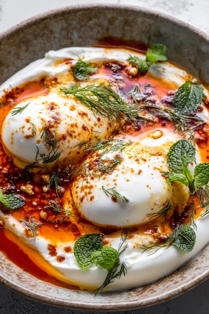 Overhead view of Turkish eggs (çılbır) in a rustic ceramic bowl, with two poached eggs nestled on a bed of creamy white yogurt, drizzled with red chili butter, and garnished with fresh dill and mint leaves.
