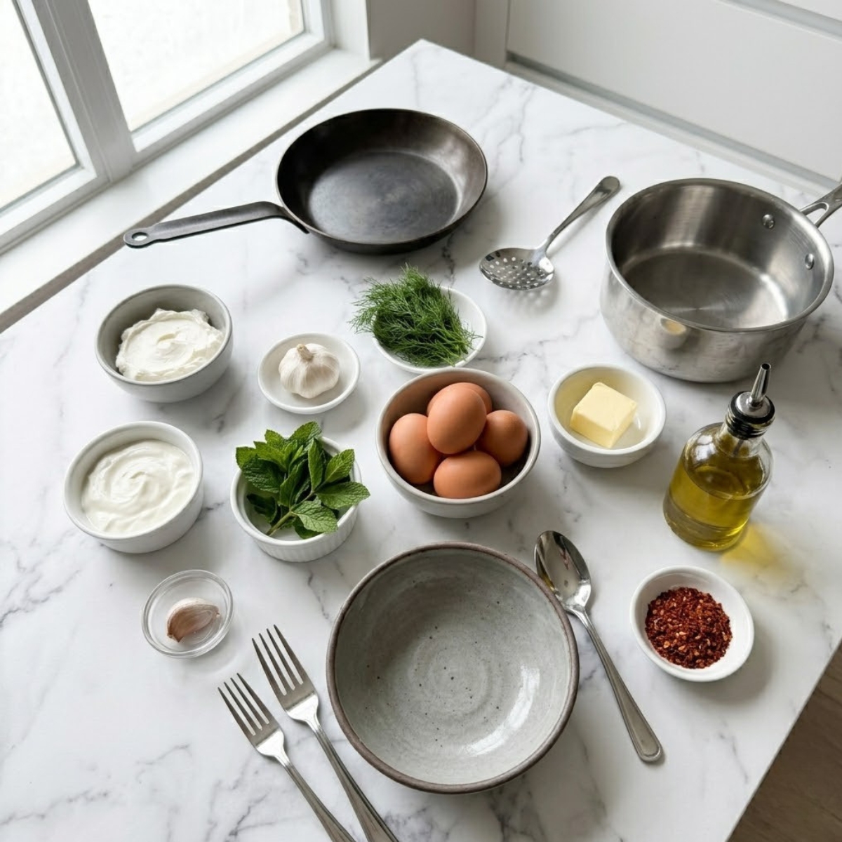 Organized overhead flat lay of raw ingredients for Turkish Eggs, including Greek yogurt, eggs, butter, olive oil, Aleppo pepper, and fresh herbs, arranged on a white marble counter in natural light. No hands are visible.
