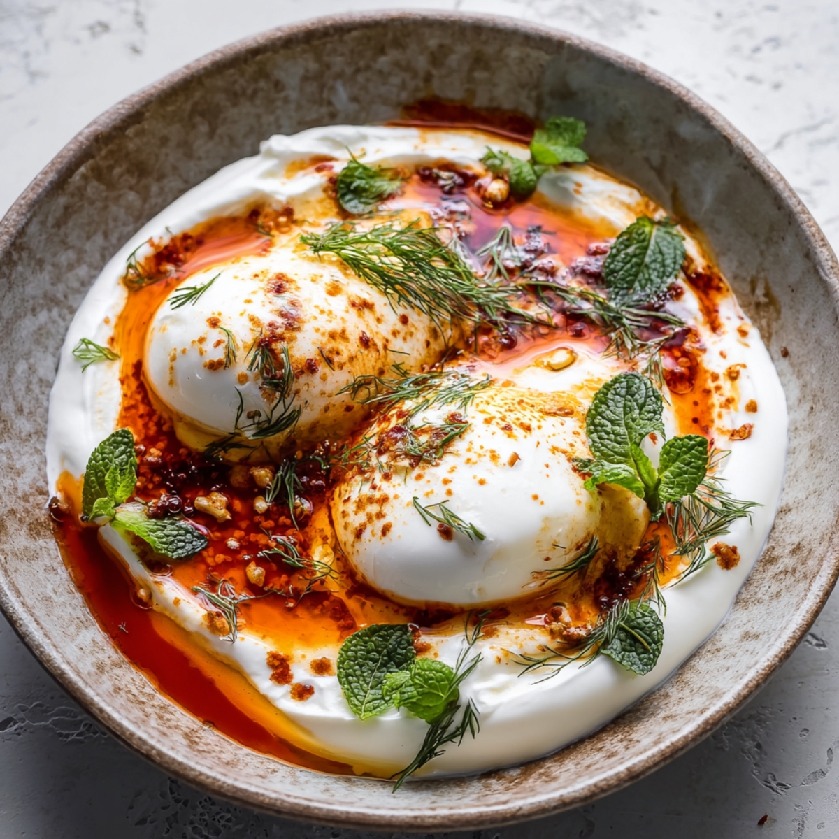 Overhead view of Turkish eggs (çılbır) in a rustic ceramic bowl, with two poached eggs nestled on a bed of creamy white yogurt, drizzled with red chili butter, and garnished with fresh dill and mint leaves.