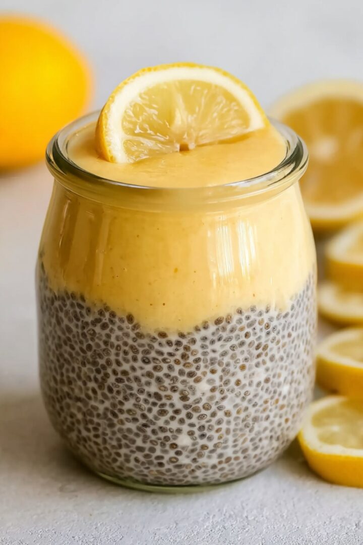 "A glass jar of Vegan Lemon Cream Pie Chia Pudding layered with chia pudding and creamy lemon curd, topped with a fresh lemon slice, surrounded by sliced lemons."