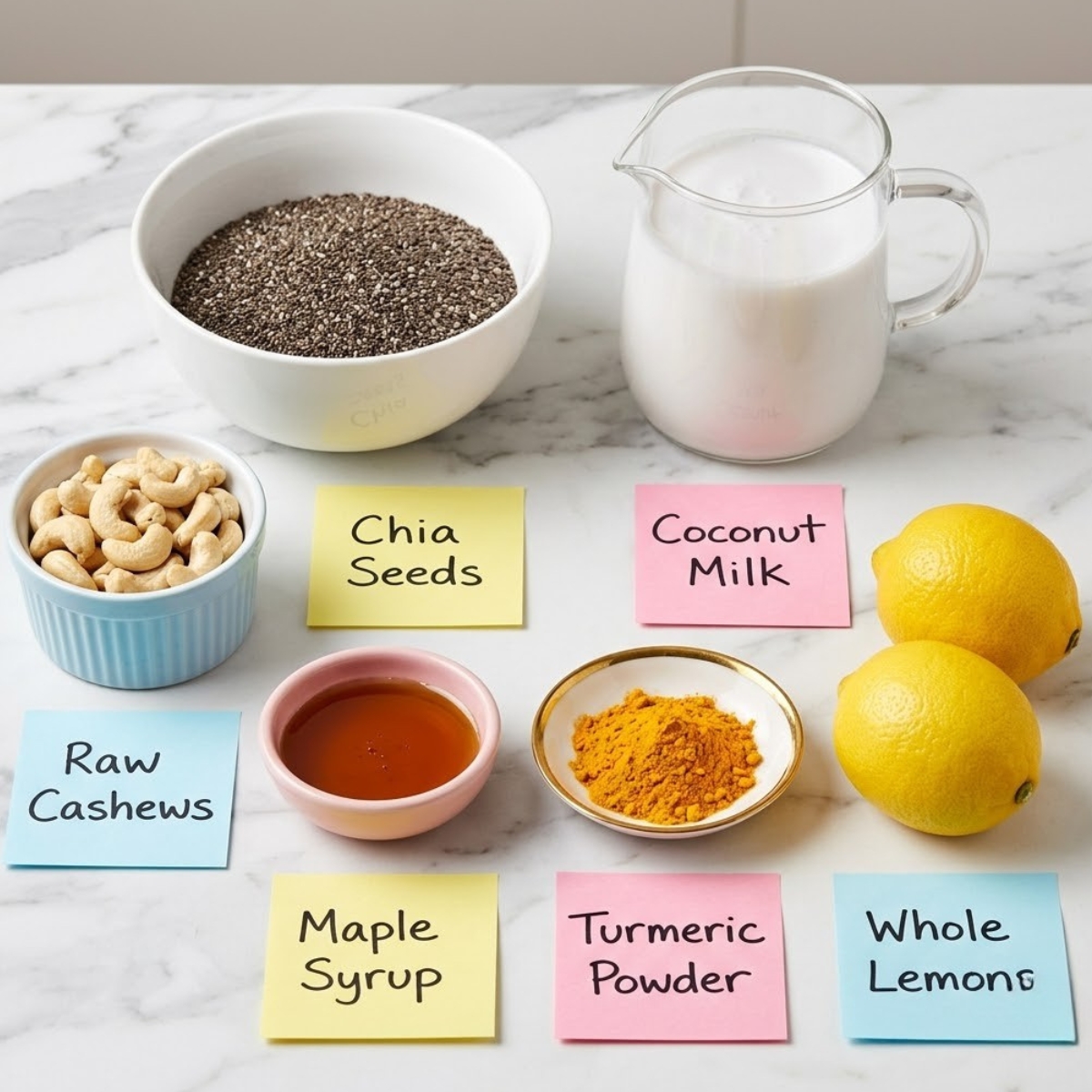Overhead flat lay view of vegan lemon cream pie chia pudding ingredients organized in colorful bowls with handwritten sticky notes on a marble kitchen counter.
