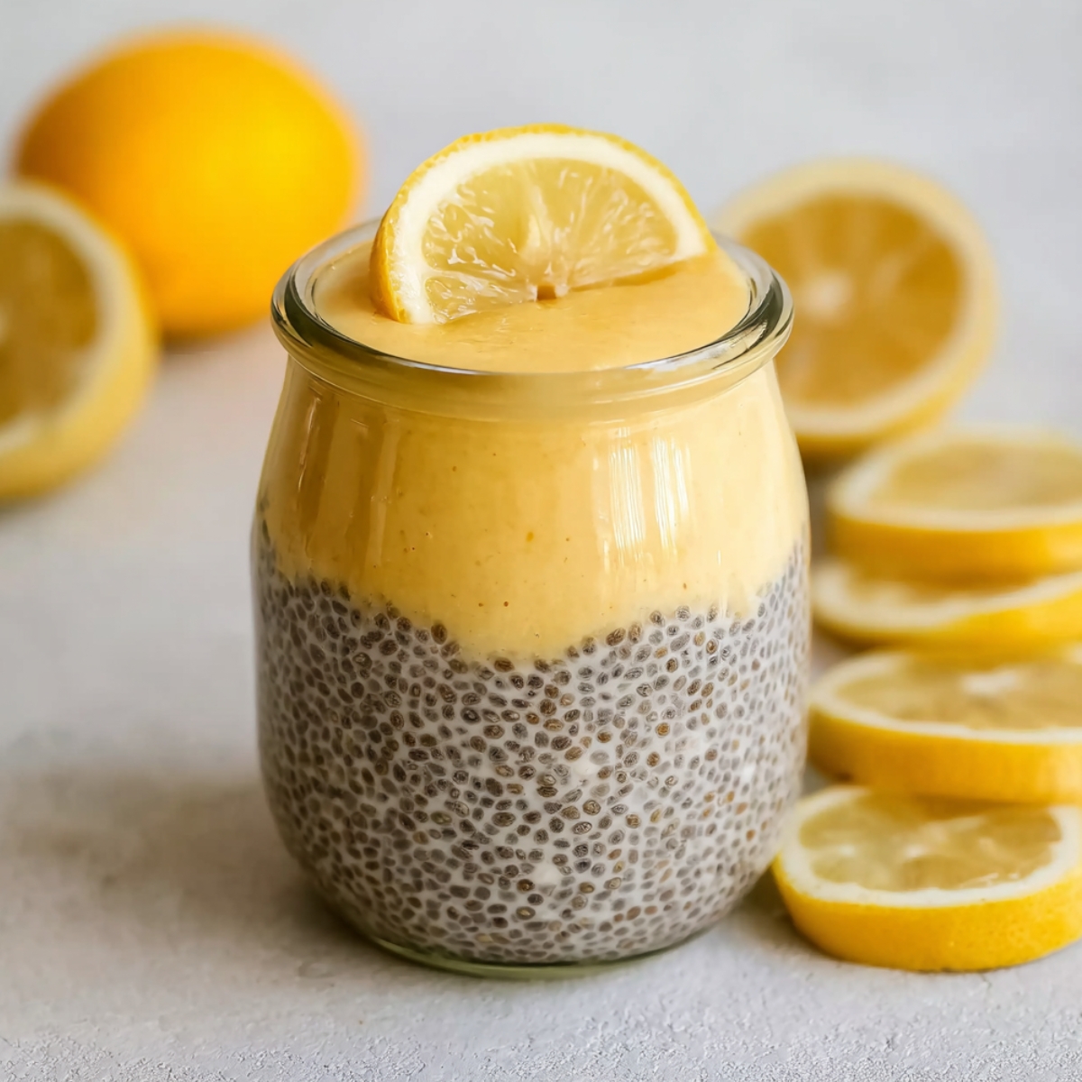 "A glass jar of Vegan Lemon Cream Pie Chia Pudding layered with chia pudding and creamy lemon curd, topped with a fresh lemon slice, surrounded by sliced lemons."