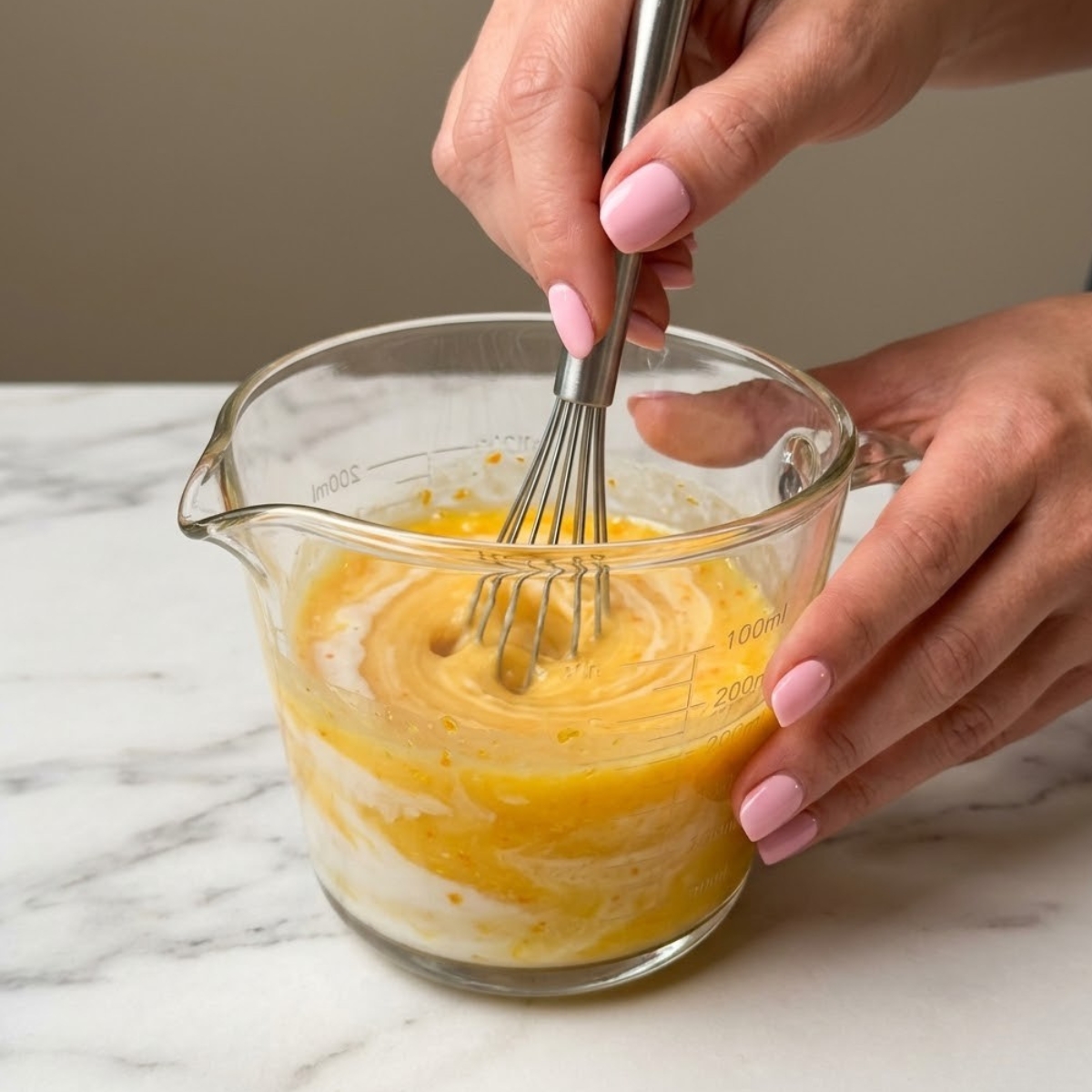 Close up view of a woman's hands with baby pink nails using a metal whisk to blend coconut cream and fresh orange juice in a glass measuring cup.