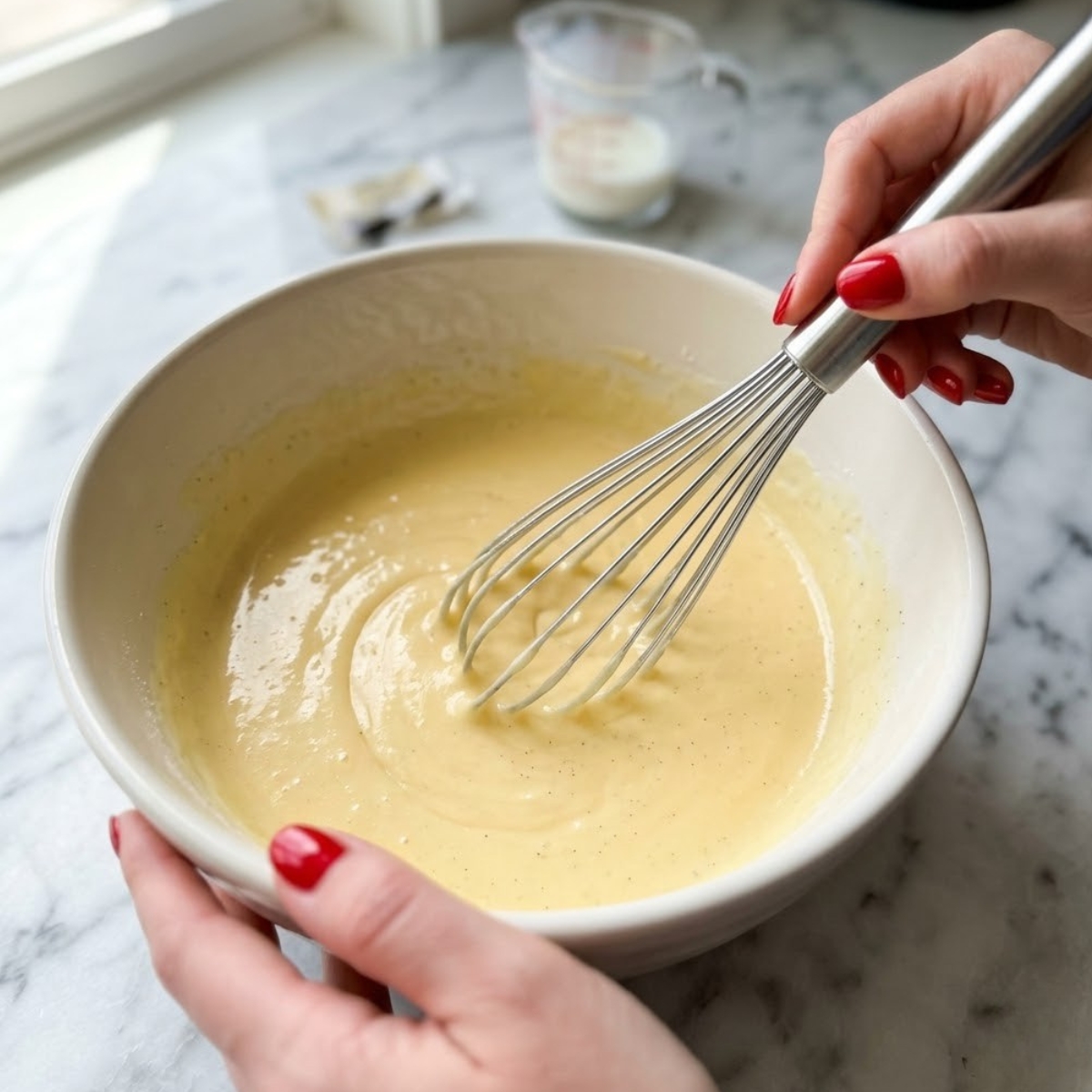 Close-up view of a young woman's hand with classic red nails using a metal whisk to blend a smooth, pale yellow pancake batter inside a mixing bowl on a white marble counter.