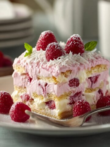 A slice of white chocolate raspberry tiramisu on a white plate, showing distinct layers of ladyfingers and pink raspberry cream with fresh raspberries throughout, topped with shredded white chocolate and mint leaves, with a fork alongside and scattered raspberries on the plate.