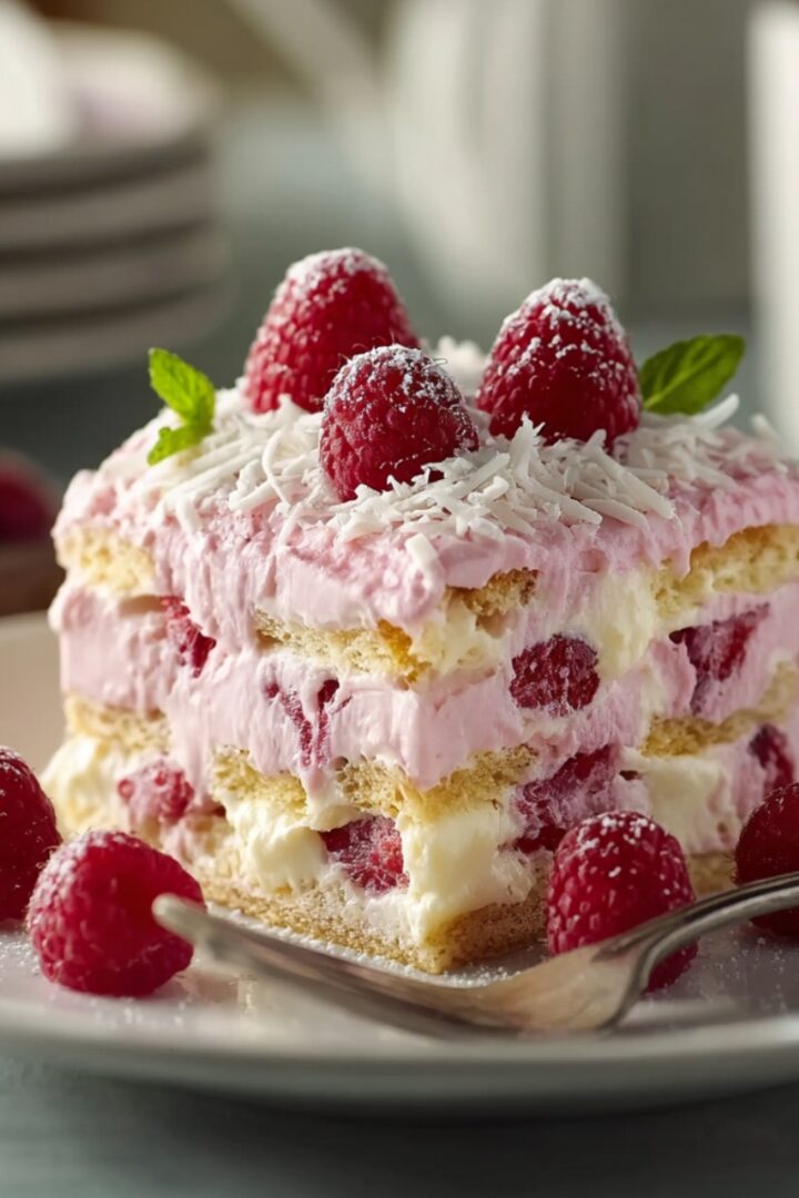 A slice of white chocolate raspberry tiramisu on a white plate, showing distinct layers of ladyfingers and pink raspberry cream with fresh raspberries throughout, topped with shredded white chocolate and mint leaves, with a fork alongside and scattered raspberries on the plate.