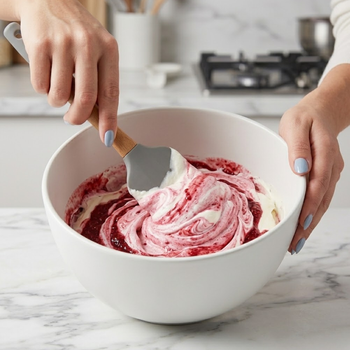 Close up view of a woman's hands with fog blue nails using a rubber spatula to fold pink raspberry puree into fluffy white mascarpone cream in a mixing bowl.