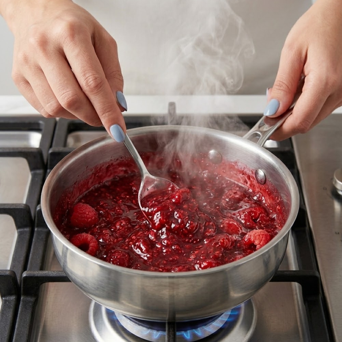Close up view of a woman's hands with fog blue nails stirring a hot bubbling raspberry syrup in a saucepan on a gas stovetop with aggressive steam.