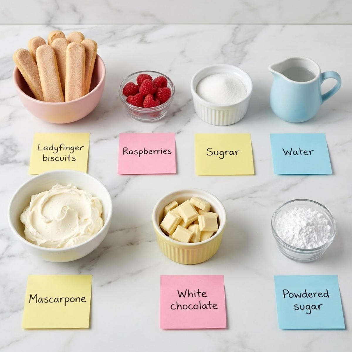 Overhead flat lay view of white chocolate raspberry tiramisu ingredients organized in colorful bowls with handwritten sticky notes on a marble kitchen counter.