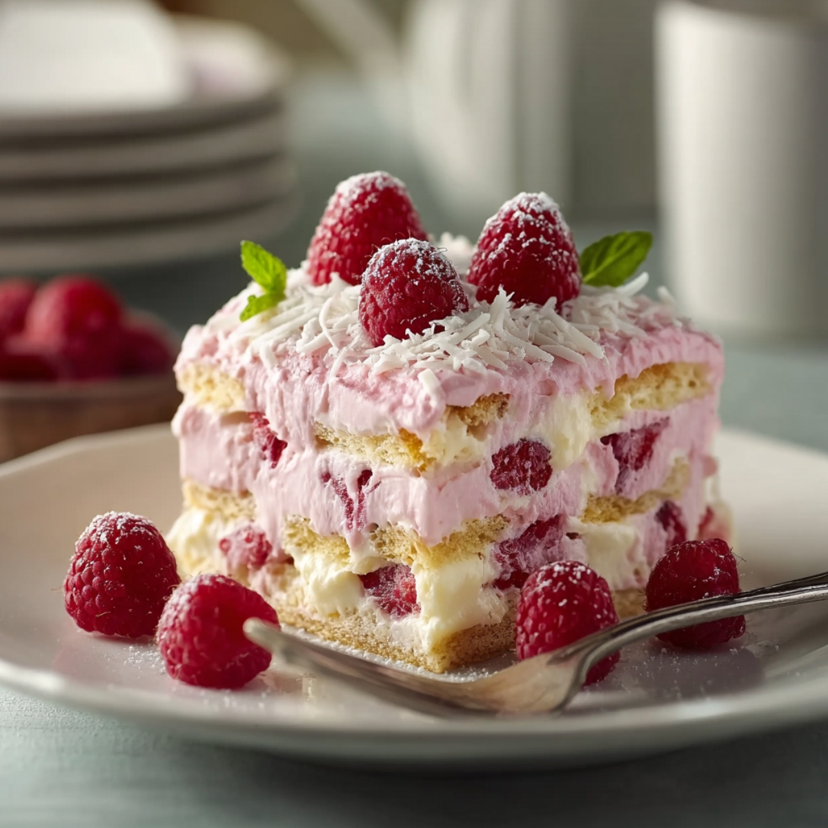 A slice of white chocolate raspberry tiramisu on a white plate, showing distinct layers of ladyfingers and pink raspberry cream with fresh raspberries throughout, topped with shredded white chocolate and mint leaves, with a fork alongside and scattered raspberries on the plate.