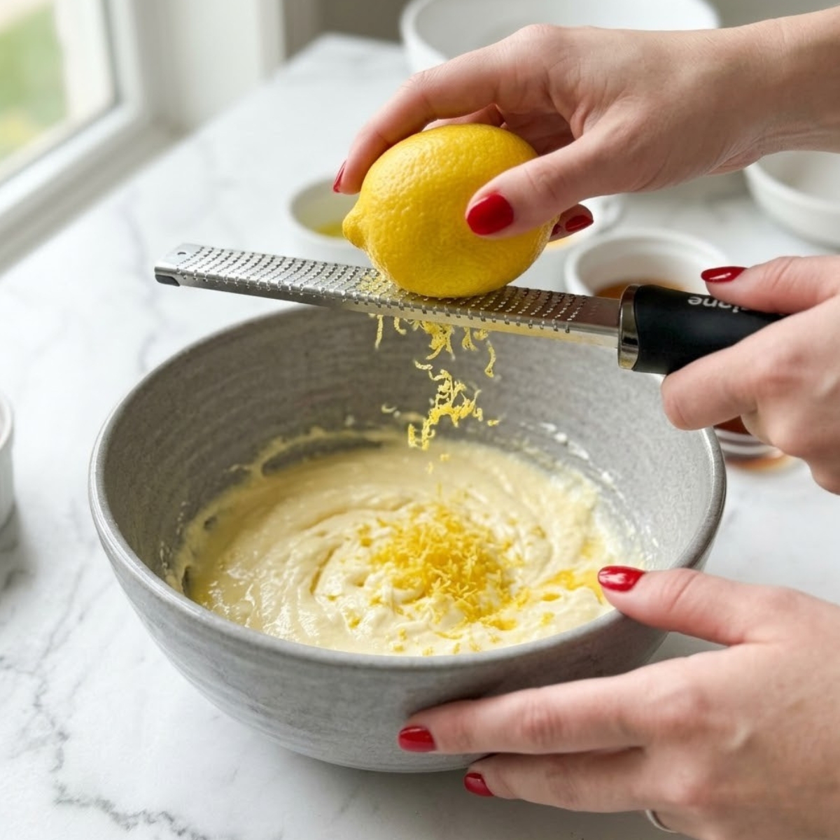 Close-up view of a young woman's hands with classic red nails using a microplane to zest a fresh lemon directly into a mixture of ricotta cheese and egg yolks in a mixing bowl.