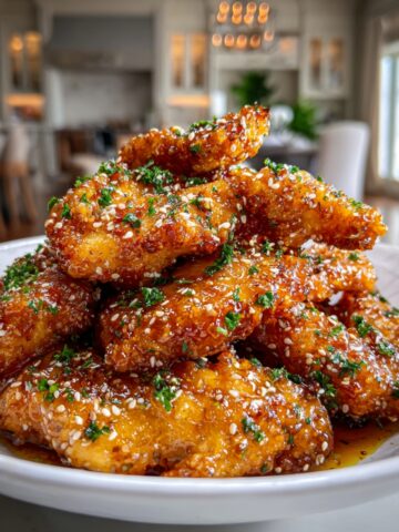 A generous pile of golden-brown air fryer honey butter garlic chicken tenders stacked high on a white ceramic plate, glazed in a shiny amber honey butter sauce and garnished with sesame seeds and finely chopped fresh parsley, with a blurred upscale kitchen dining room visible in the background.
