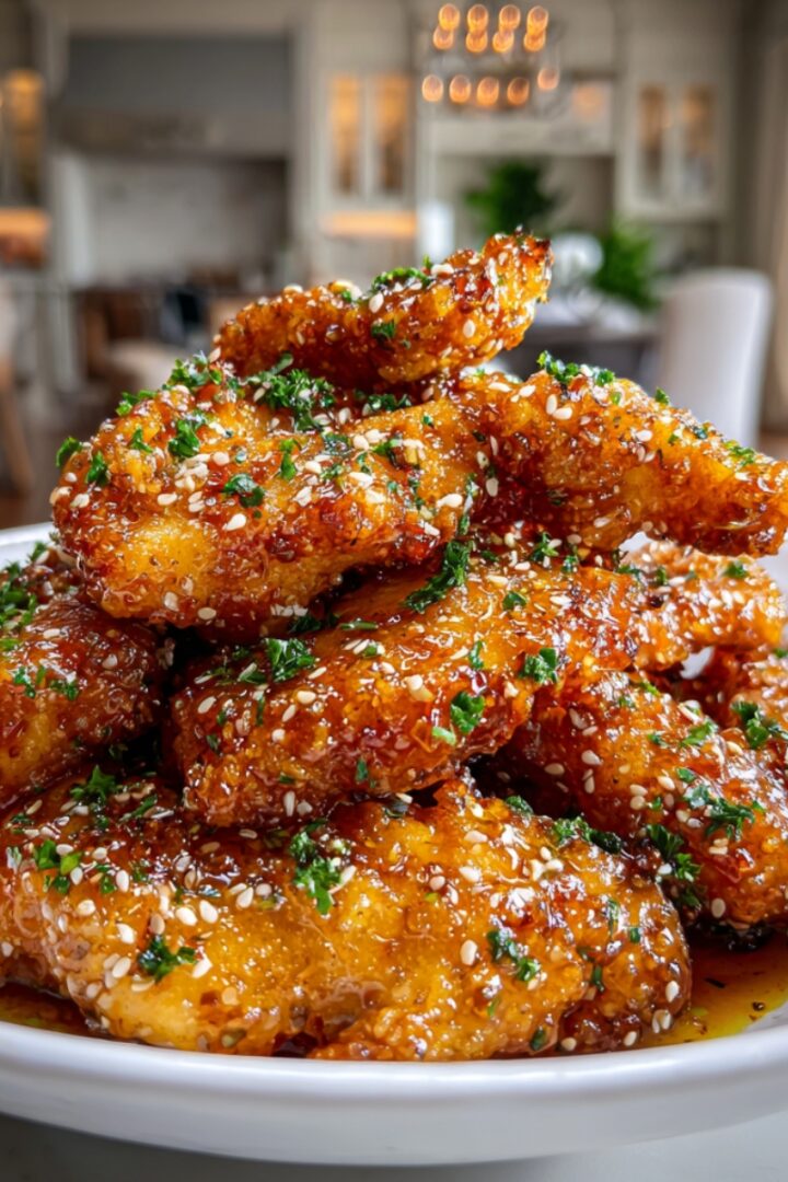 A generous pile of golden-brown air fryer honey butter garlic chicken tenders stacked high on a white ceramic plate, glazed in a shiny amber honey butter sauce and garnished with sesame seeds and finely chopped fresh parsley, with a blurred upscale kitchen dining room visible in the background.