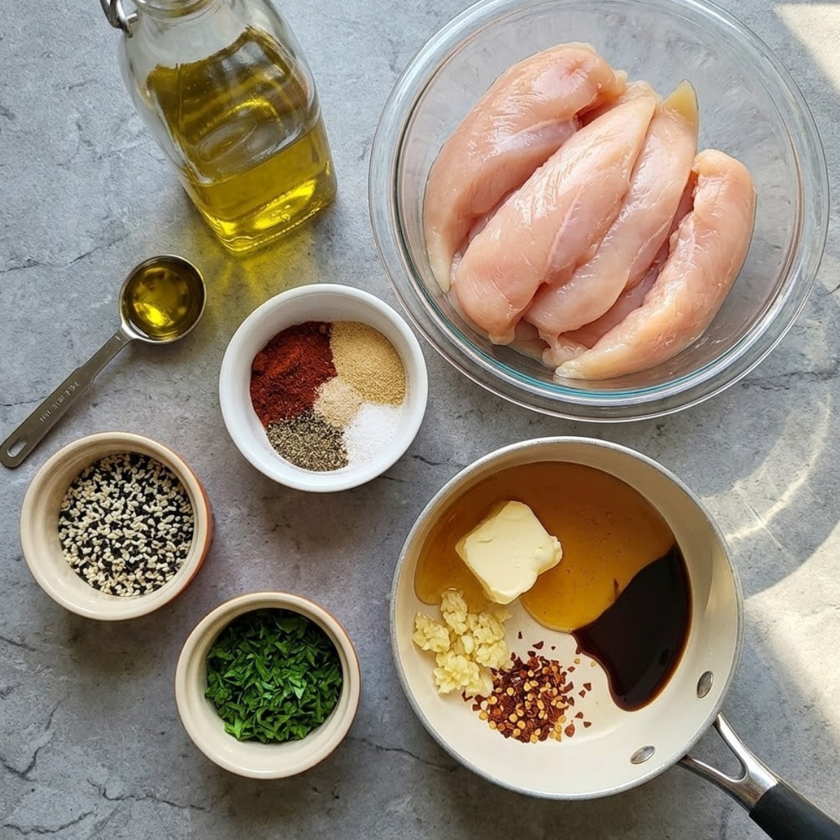 A high-angle flat-lay photograph showing the raw chicken tenderloins, olive oil, spices (paprika, garlic powder, onion powder), honey, butter, garlic cloves, soy sauce, chili flakes, mixed sesame seeds, and fresh parsley, all arranged on a grey stone countertop, matching the visual aesthetic of the finished recipe image.