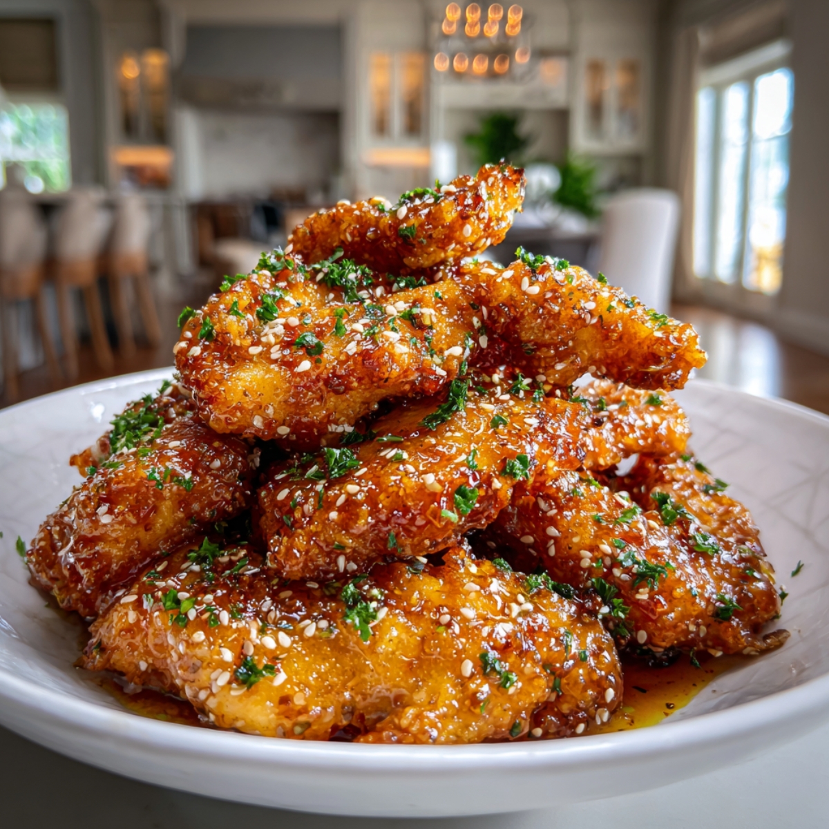 A generous pile of golden-brown air fryer honey butter garlic chicken tenders stacked high on a white ceramic plate, glazed in a shiny amber honey butter sauce and garnished with sesame seeds and finely chopped fresh parsley, with a blurred upscale kitchen dining room visible in the background.