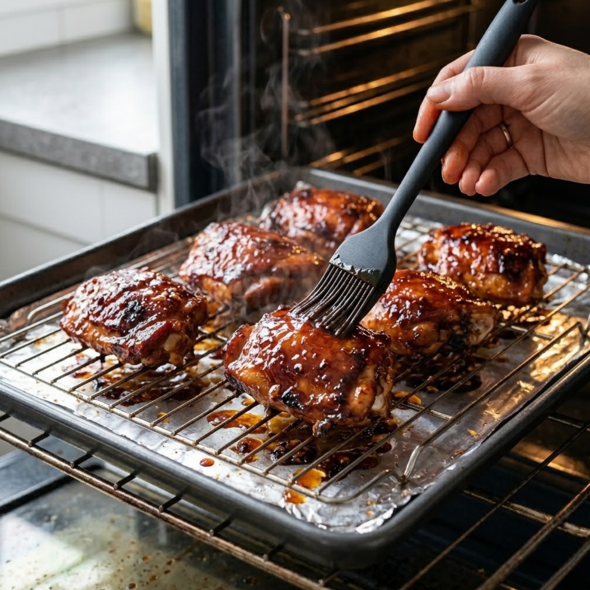 A medium shot of a non-stick baking sheet inside an open oven. Five char siu chicken thighs, elevated on a wire rack, are golden and caramelized. A hand uses a pastry brush to apply a thick coat of the reserved marinade.