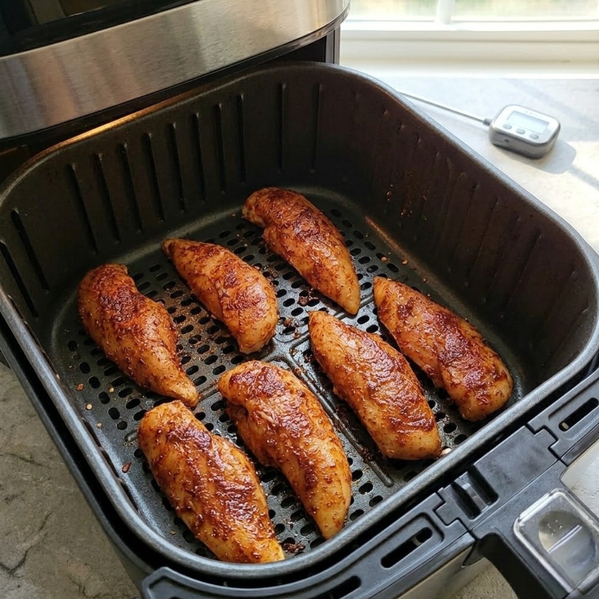 An overhead view looking into a preheated, perforated air fryer basket containing six raw, reddish-brown seasoned chicken tenderloins arranged in a single layer.