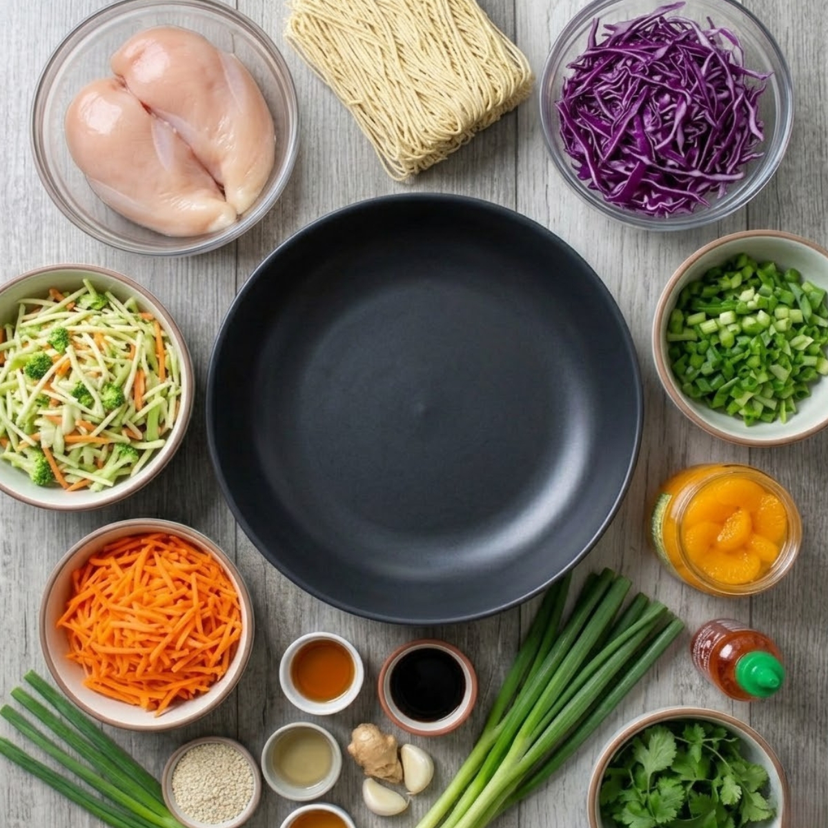 An overhead flat-lay photograph capturing all raw ingredients for the Asian Chicken Salad, neatly arranged in separate ceramic bowls on a grey wood plank table surface. The components include two raw boneless chicken breasts, dry ramen noodles, shredded purple and green cabbage, broccoli slaw, shredded carrots, canned mandarin orange segments (drained), green onions, sesame seeds, fresh cilantro sprigs, and all the individual ingredients for the sesame dressing, matching the soft side daylight of the finished recipe.