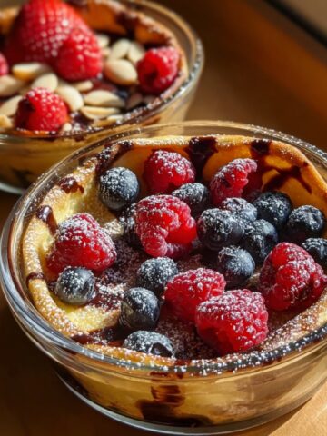Two clear glass baking bowls filled with golden baked protein pancake, with caramelized edges and a drizzle of chocolate sauce, the foreground bowl topped with fresh raspberries and blueberries dusted with powdered sugar, and the background bowl garnished with raspberries and sliced almonds, bathed in warm natural sunlight on a wooden surface.