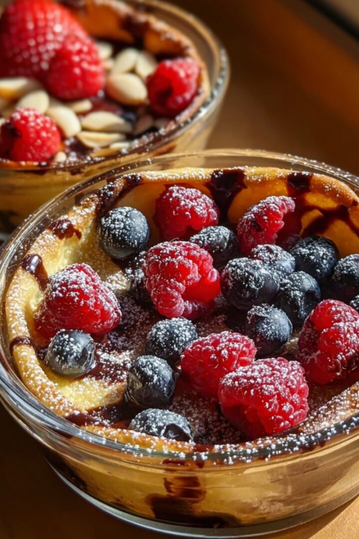 Two clear glass baking bowls filled with golden baked protein pancake, with caramelized edges and a drizzle of chocolate sauce, the foreground bowl topped with fresh raspberries and blueberries dusted with powdered sugar, and the background bowl garnished with raspberries and sliced almonds, bathed in warm natural sunlight on a wooden surface.