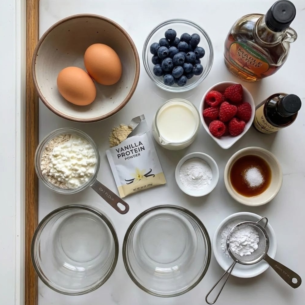 An overhead flat-lay photograph capturing all raw ingredients for the Baked Protein Pancake Bowls: oat flour, vanilla protein powder, a container of cottage cheese, eggs, whole milk, maple syrup, vanilla extract, baking powder, salt, blueberries, raspberries, and powdered sugar, neatly arranged on a white windowsill.