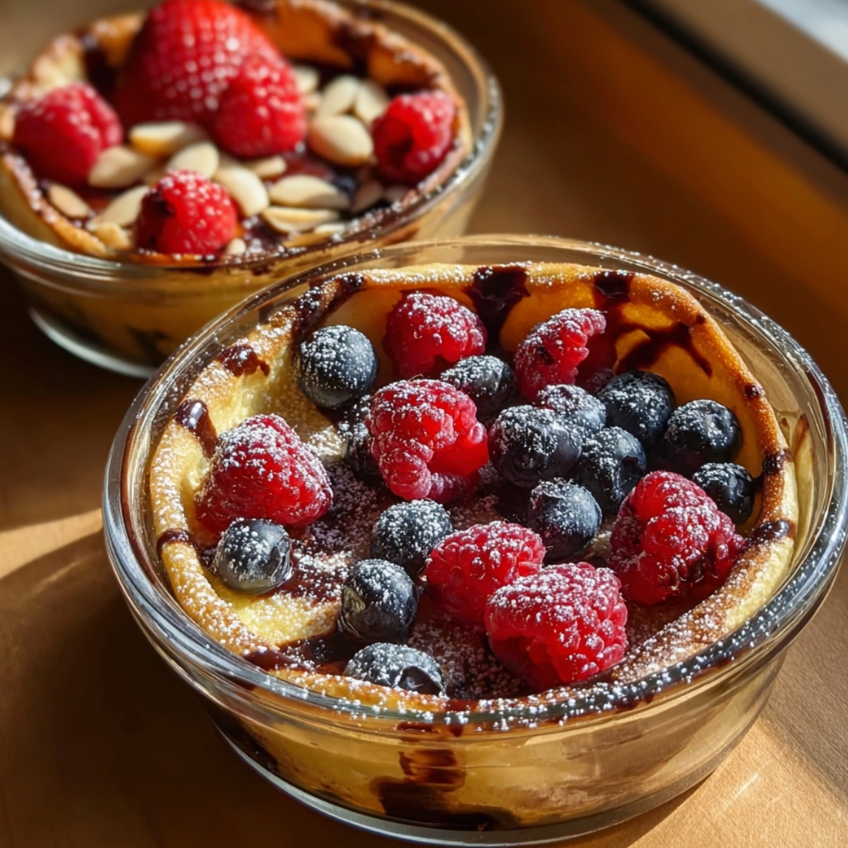 Two clear glass baking bowls filled with golden baked protein pancake, with caramelized edges and a drizzle of chocolate sauce, the foreground bowl topped with fresh raspberries and blueberries dusted with powdered sugar, and the background bowl garnished with raspberries and sliced almonds, bathed in warm natural sunlight on a wooden surface.